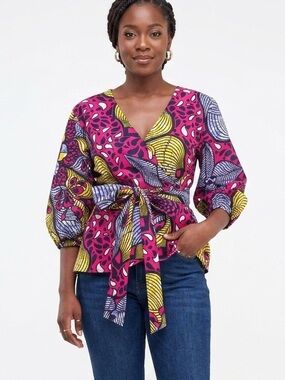 Suakoko Betty African Print Wrap Blouse with Tie Detail - XL